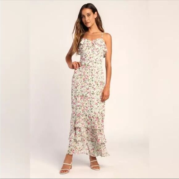 NWT! Lulu's Darling Blossoms Mint Floral Print Ruffled Maxi Dress - M - Picture 1 of 13